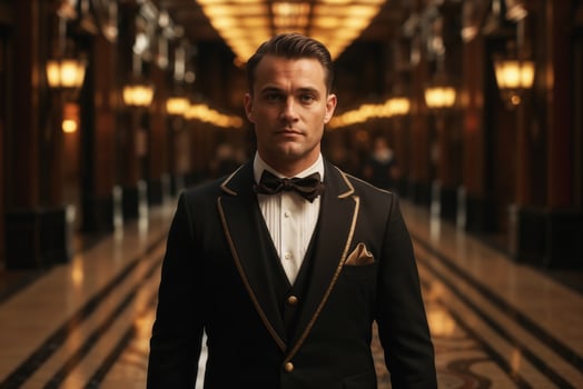 Portrait of a sophisticated man dressed in a formal tuxedo standing in a grand hotel hallway photo