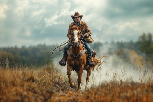 Cowboy riding a horse in the wilderness photo