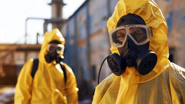 Workers in Yellow Hazmat Suits with Respirators in Industrial Area photo