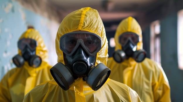 Team of Workers in Yellow Hazmat Suits with Gas Masks photo