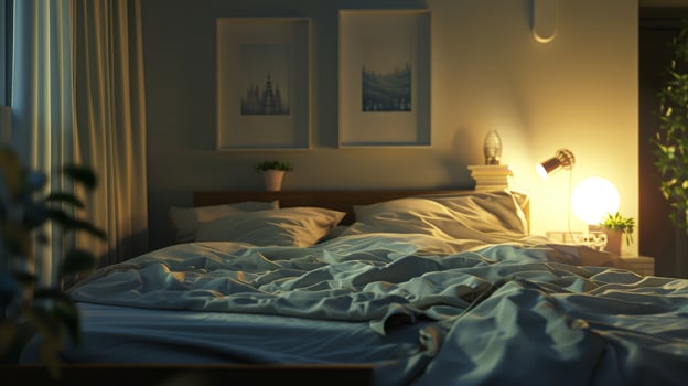 3d rendering of a bedroom interior with a bed and a lamp photo