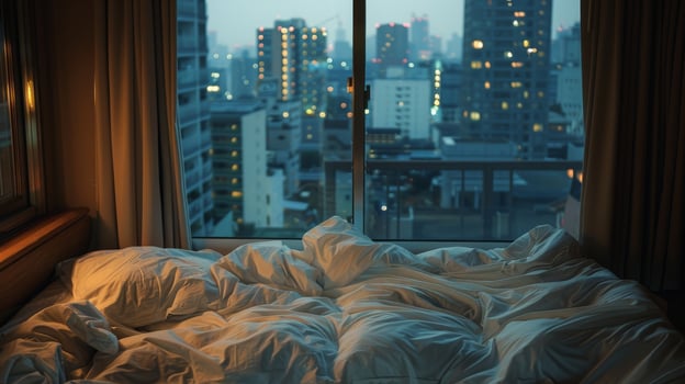The bed in the hotel room with the view of the city. photo