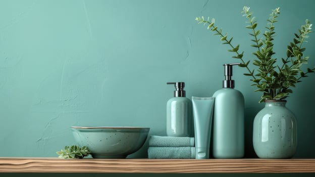 Blue And White Bathroom Products With Greenery And White Flowers photo