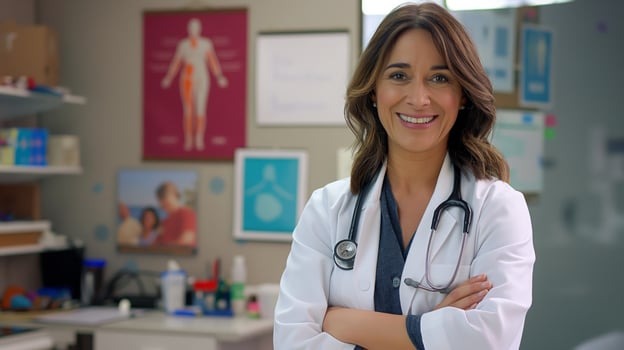 Confident Hispanic Female Doctor in Medical Office, Health Professional Portrait, Smiling Doctor's Office Setting photo