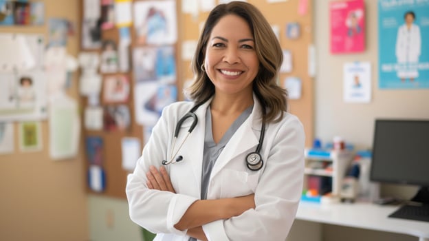 Hispanic Female Doctor in Medical Office, Professional Portrait, Healthcare Setting, Diversity in Medicine, Confident Healthcare Professional photo