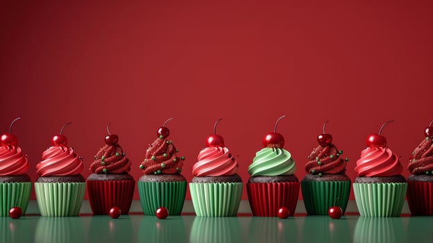 Festive cupcakes row smooth frosting red green colors, minimalistic Christmas style. New Year. photo