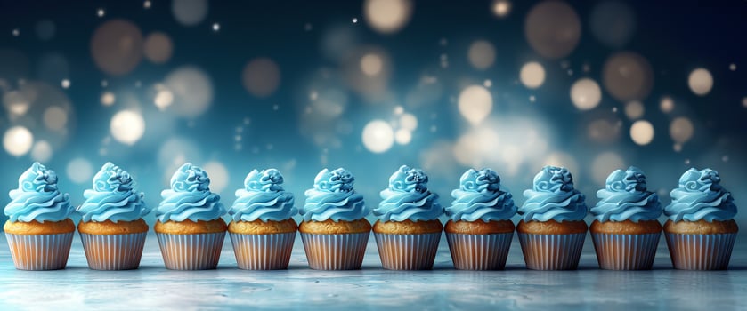 Row plain monochrome light blue frosted cupcakes simple blue background, minimalism, copy space photo