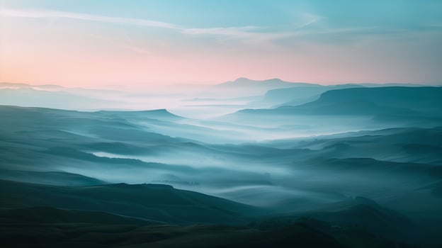 sunrise over a misted valley and far-off hill photo