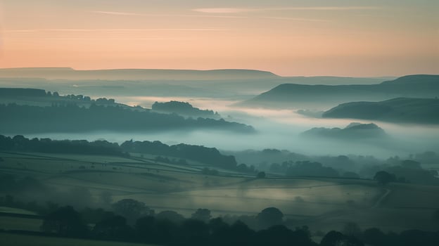 sunrise over a misted valley and far-off hill photo