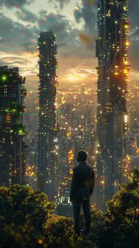 Man in urban setting at sunset with various elements of nature photo