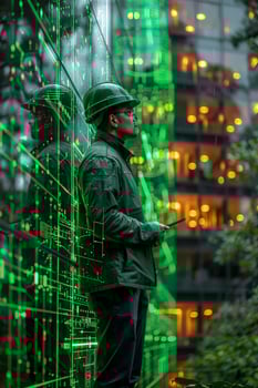 Man in hard hat by green wall with nature theme keywords photo