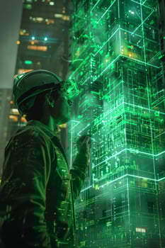 A man with a helmet and goggles gazes at a vibrant green screen photo