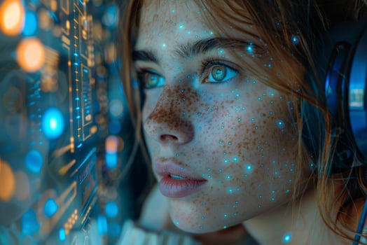 Futuristic Woman with Technology Overlay and Headphones, Illustrating Innovation and Modernity photo