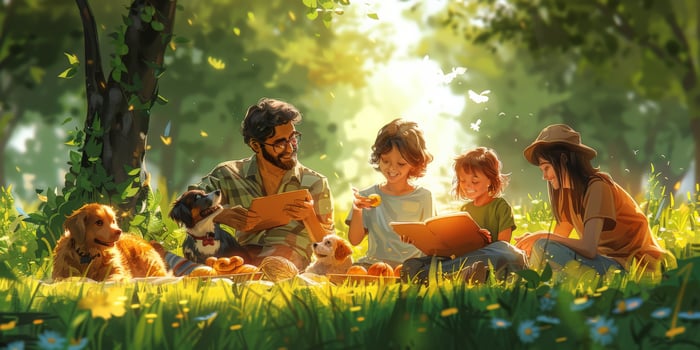 A family enjoys a picnic in the park with their dogs, surrounded by nature photo