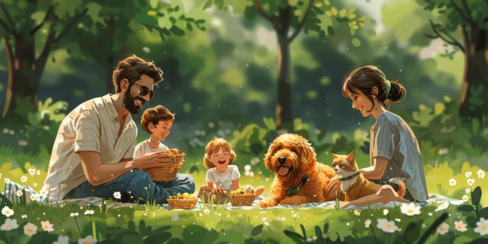 Family picnic in park with pets, enjoying outdoors and quality time photo