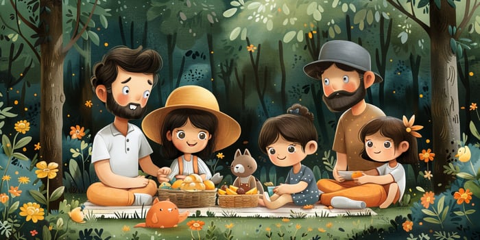 A family of vertebrates is having a picnic in the woods on a sunny day photo
