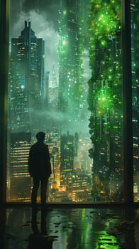 A man is standing in front of a window overlooking a city at night photo