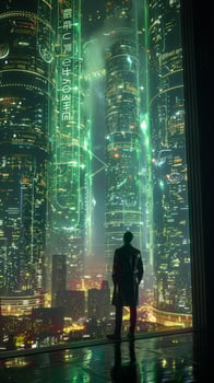 A man stands in front of a technologically advanced city at night photo