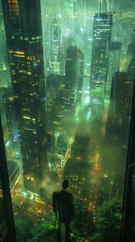 A man on top of a building overlooking a city at night photo