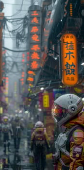 A man in a futuristic helmet strolls along the urban street photo
