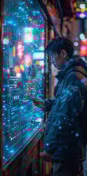 In the dim streets of the city at night, a man interacts with a digital display under neon lights photo