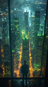 In the evening, a male figure wearing a hat is positioned against a cityscape photo