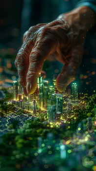 A persons hand is extended towards a miniature city model photo
