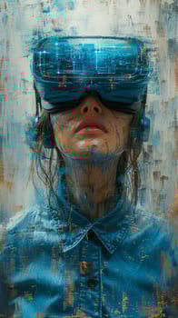 The artwork depicts a female figure donning a virtual reality device photo