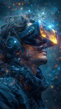 A man wearing a VR headset and headphones explores a digital world in the image photo