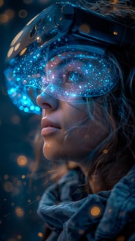 A woman is experiencing virtual reality through a pair of goggles photo