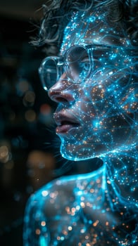 Close up of a face with blue lights emitting from it photo