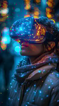 Woman in VR with colorful lights in dark indoor setting photo