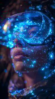The image shows a woman wearing a VR headset with blue lights around her photo