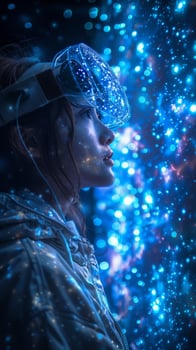 A woman is immersed in a cyber world, exploring virtual reality using a futuristic headset photo