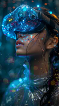 A woman wearing a virtual reality headset surrounded by glowing lights photo