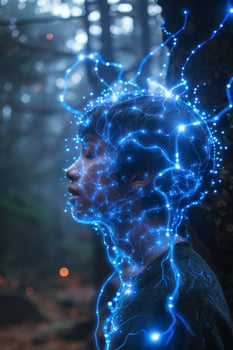 In a surreal forest, a human emits electric blue light, creating a magical mystical aura photo