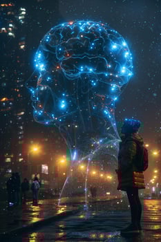 Person faces glowing head made of twinkling lights in scene photo