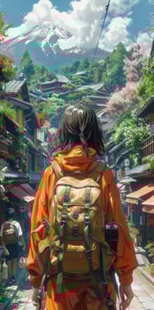 A pixel art of a person with a backpack walking down a street photo
