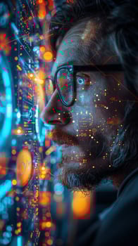 A bearded man wearing glasses is gazing at a computer monitor photo