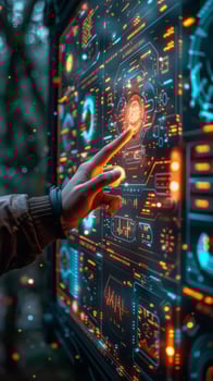 A finger touches a futuristic screen showing electric blue colors photo