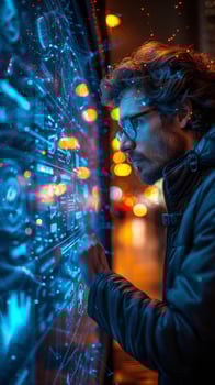 A man wearing glasses looks at an advanced screen, set in the future photo