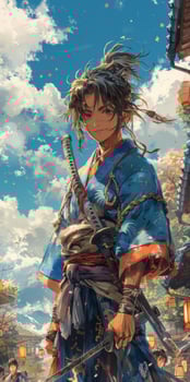 A portrayal of a traditional samurai against a colorful sky, embodying courage and honor photo