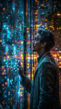 A man is staring at a screen with numerous bright lights on it photo
