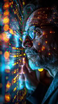 A man with glasses and a beard focused on computer screen photo