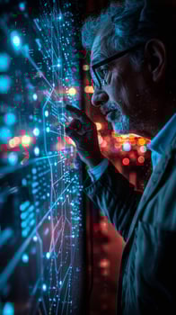 Man in dim room, looking at computer screen, gesturing photo
