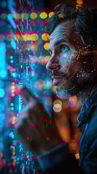 In a futuristic setting, a man is analyzing digital data in a neonlit environment photo