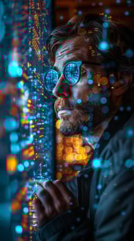 A man in glasses looks through a window, surrounded by electric blue photo