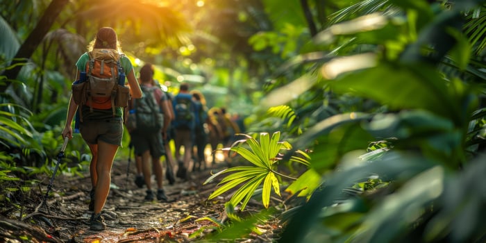 Group in green forest, surrounded by plants and trees, creating landscape photo