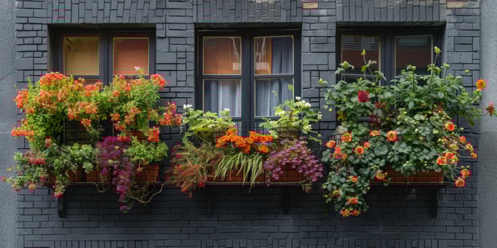 Three window boxes with colorful flowers on a black brick building photo