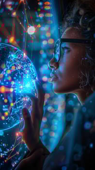 A woman in glasses looks at a glowing globe in her hands photo